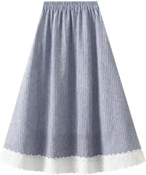 Women Striped Patchwork Lace Midi Long Skirt Loose Elastic High Waist A-Line Skirts