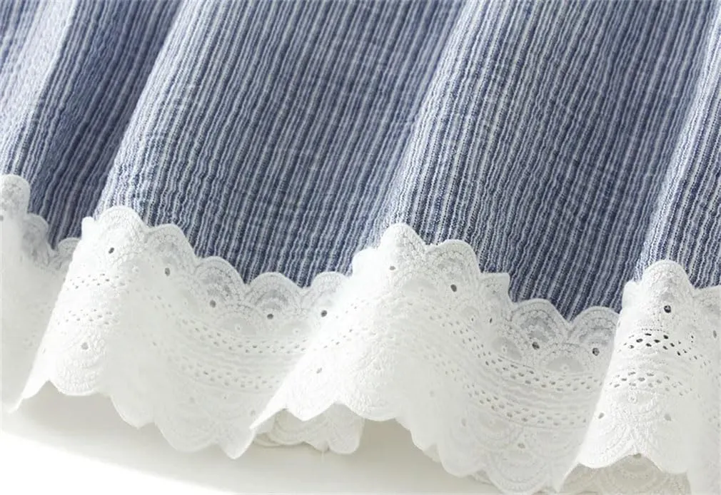Women Striped Patchwork Lace Midi Long Skirt Loose Elastic High Waist A-Line Skirts