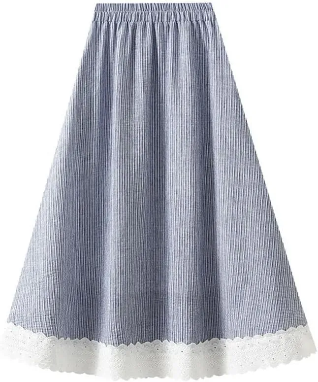 Women Striped Patchwork Lace Midi Long Skirt Loose Elastic High Waist A-Line Skirts