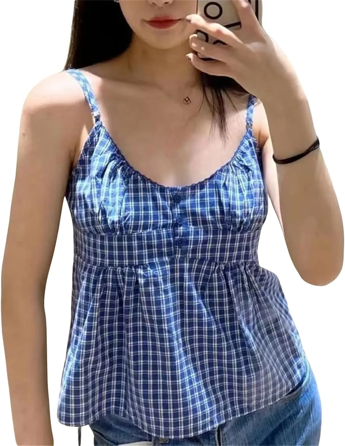 Women Y2k Babydoll Crop Peplum Camisole Cute Lace Ruffle Trim Low Cut Floral Gingham Spaghetti Strap Tank Going Out Top