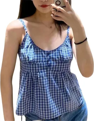 Women Y2k Babydoll Crop Peplum Camisole Cute Lace Ruffle Trim Low Cut Floral Gingham Spaghetti Strap Tank Going Out Top