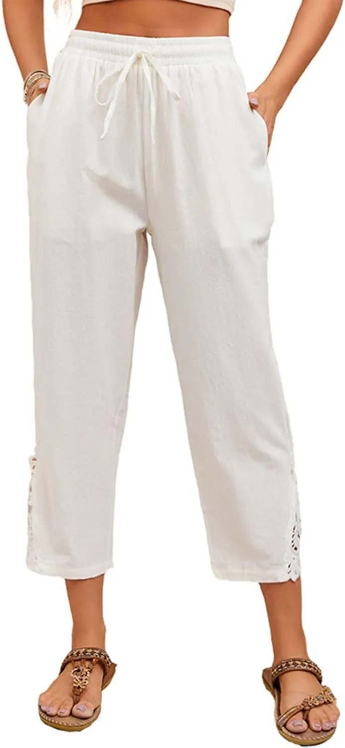 Womens Cotton Linen Pants Casual Summer Solid Color Straight Leg Beach High Waisted Linen Pants Plus Size Lounge Trousers