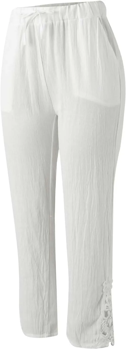 Womens Cotton Linen Pants Casual Summer Solid Color Straight Leg Beach High Waisted Linen Pants Plus Size Lounge Trousers