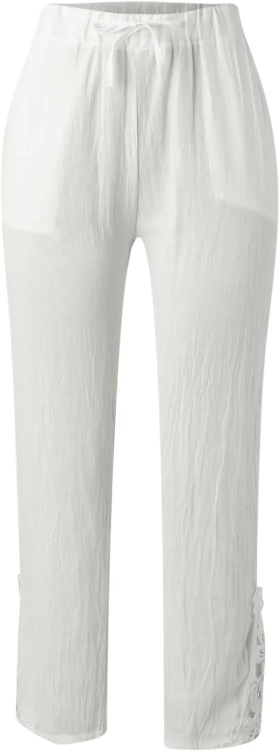 Womens Cotton Linen Pants Casual Summer Solid Color Straight Leg Beach High Waisted Linen Pants Plus Size Lounge Trousers