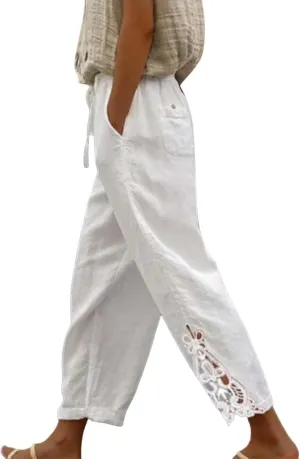 Womens Cotton Linen Pants Casual Summer Solid Color Straight Leg Beach High Waisted Linen Pants Plus Size Lounge Trousers