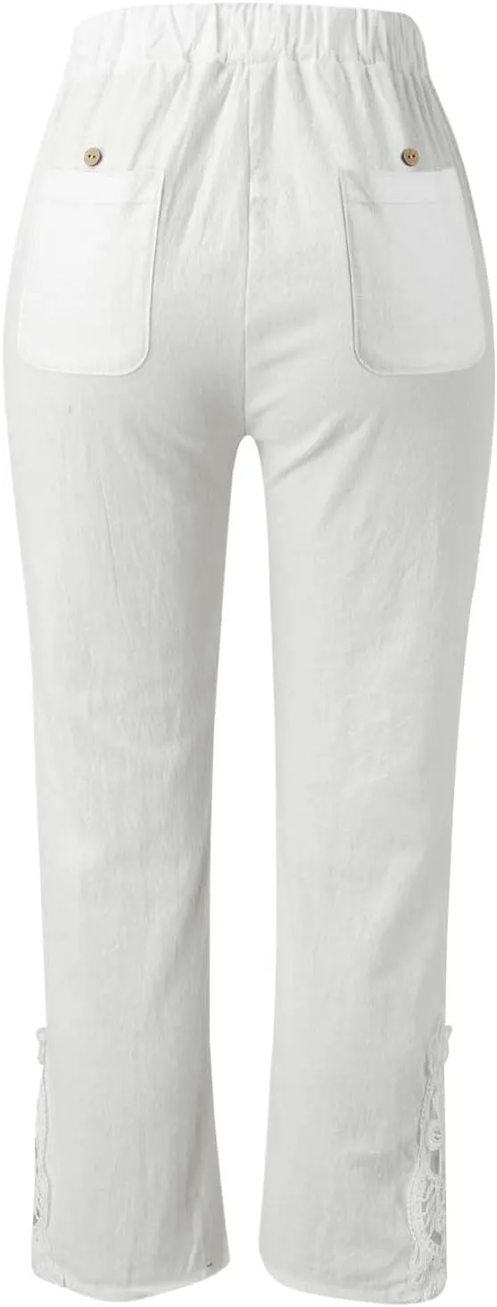 Womens Cotton Linen Pants Casual Summer Solid Color Straight Leg Beach High Waisted Linen Pants Plus Size Lounge Trousers