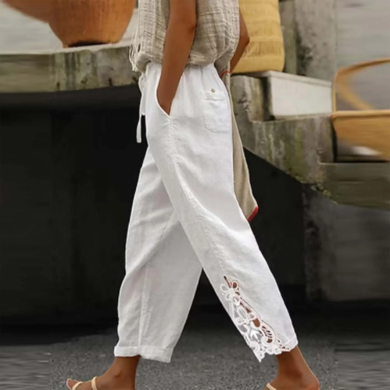 Womens Cotton Linen Pants Casual Summer Solid Color Straight Leg Beach High Waisted Linen Pants Plus Size Lounge Trousers