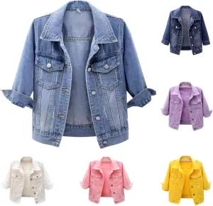 Womens Cropped Denim Jacket 3/4 Sleeve Plus Size Jean Jacket Lightweight Retro Coats