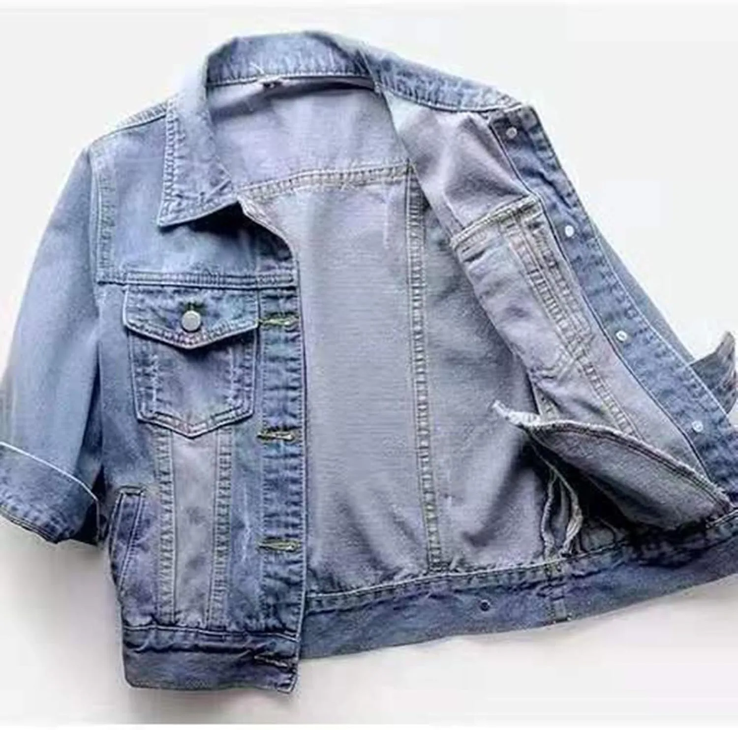 Womens Cropped Denim Jacket 3/4 Sleeve Plus Size Jean Jacket Lightweight Retro Coats