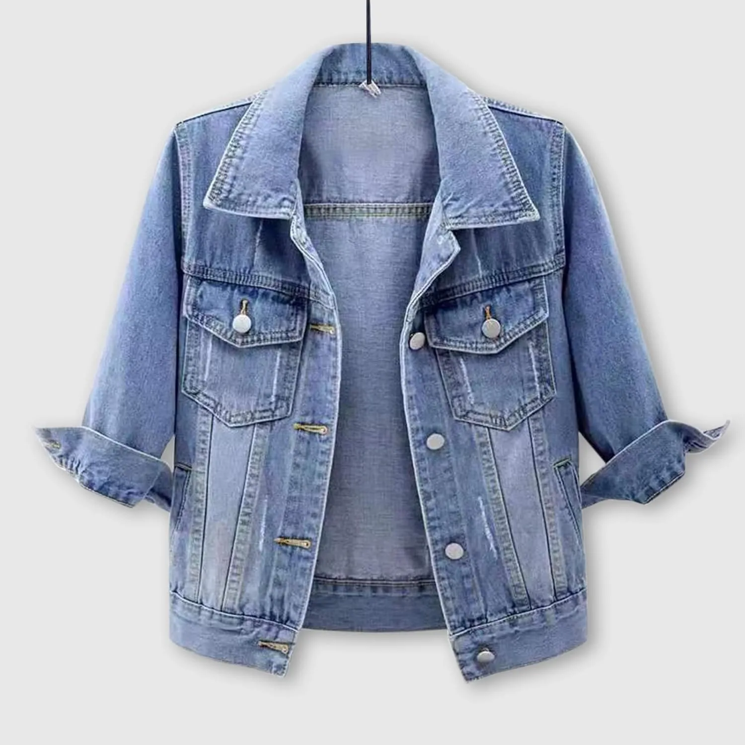 Womens Cropped Denim Jacket 3/4 Sleeve Plus Size Jean Jacket Lightweight Retro Coats