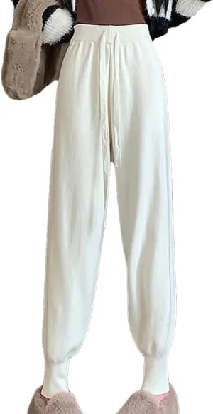 Women's Knit Harem Pants Casual Loose Trousers Autumn-Winter Solid Color Sweater Pants with Drawstring Waist