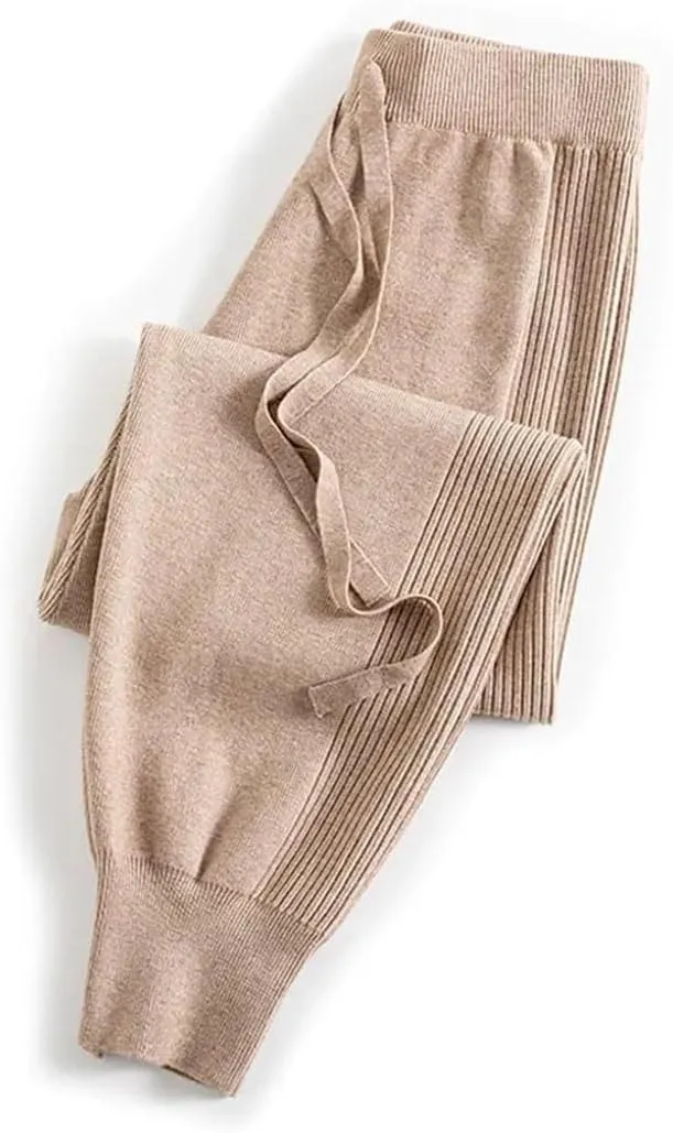 Women's Knit Harem Pants Casual Loose Trousers Autumn-Winter Solid Color Sweater Pants with Drawstring Waist