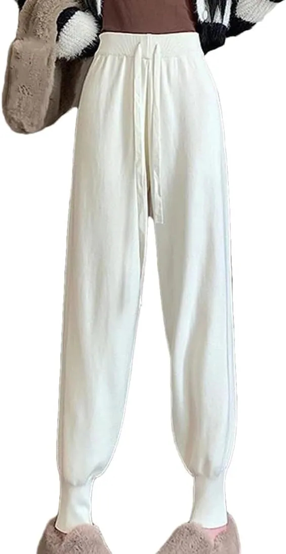 Women's Knit Harem Pants Casual Loose Trousers Autumn-Winter Solid Color Sweater Pants with Drawstring Waist