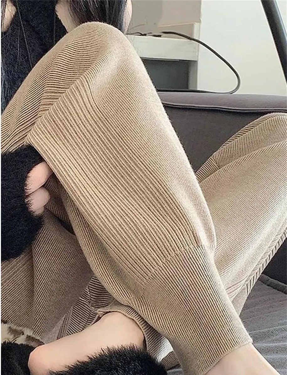 Women's Knit Harem Pants Casual Loose Trousers Autumn-Winter Solid Color Sweater Pants with Drawstring Waist