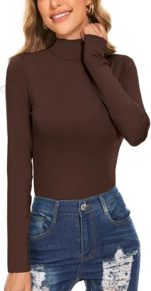 Women's Long Sleeve Mock Turtleneck Tops Casual Slim Fitted Lightweight Under Layer Pullover Shirts