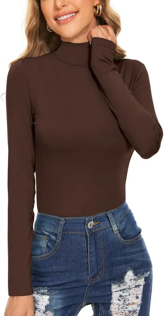 Women's Long Sleeve Mock Turtleneck Tops Casual Slim Fitted Lightweight Under Layer Pullover Shirts