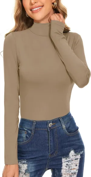 Women's Long Sleeve Mock Turtleneck Tops Casual Slim Fitted Lightweight Under Layer Pullover Shirts