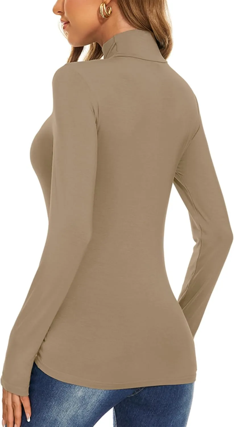 Women's Long Sleeve Mock Turtleneck Tops Casual Slim Fitted Lightweight Under Layer Pullover Shirts