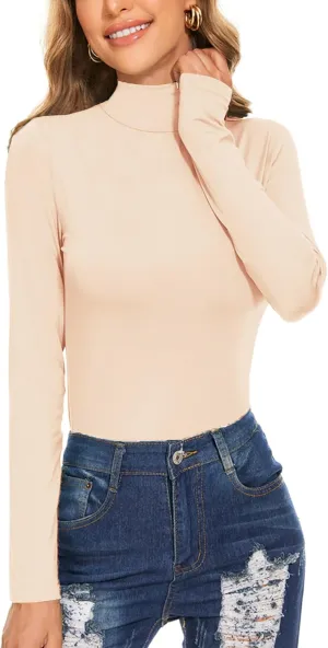 Women's Long Sleeve Mock Turtleneck Tops Casual Slim Fitted Lightweight Under Layer Pullover Shirts