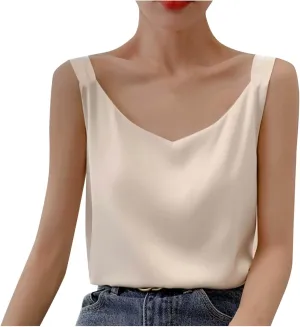 Women's Silk Satin Camisole V Neck Tank Top Cami Silky Basic Tank Shirt Blouses 2025 Trendy Going Out Tops Tees