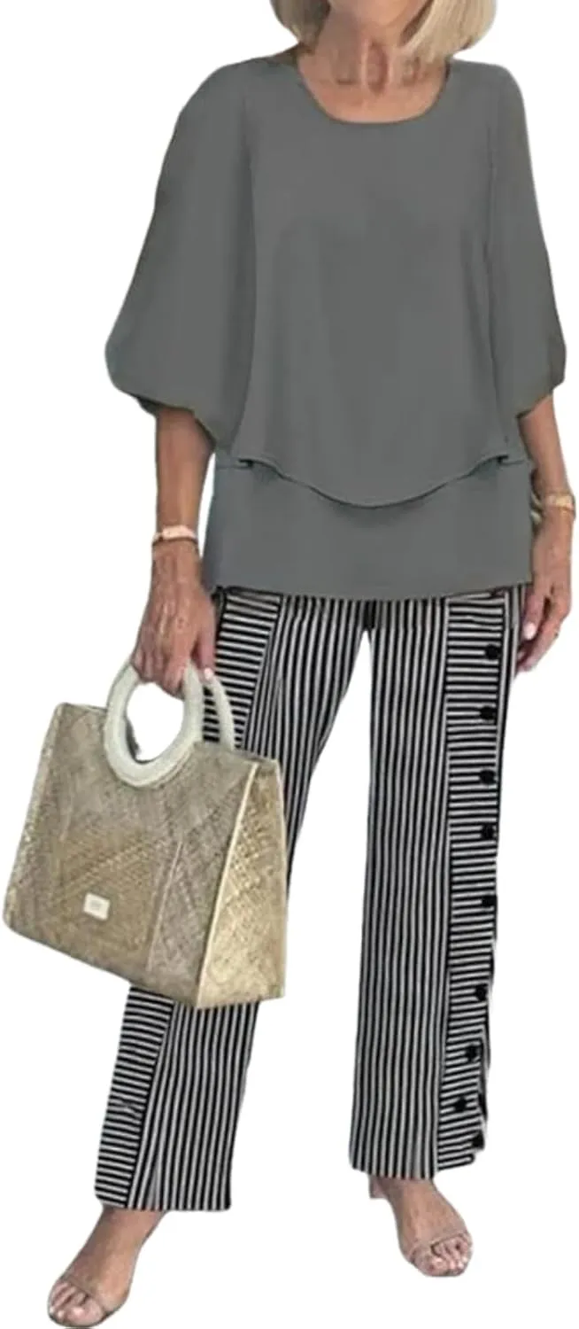 Women's Summer 2 Piece Sets 2025 Crew Neck 3/4 Sleeve Tops Wide Leg Pants Lounge Tracksuits Casual Matching Travel Outfits