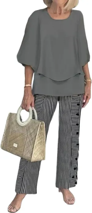 Women's Summer 2 Piece Sets 2025 Crew Neck 3/4 Sleeve Tops Wide Leg Pants Lounge Tracksuits Casual Matching Travel Outfits