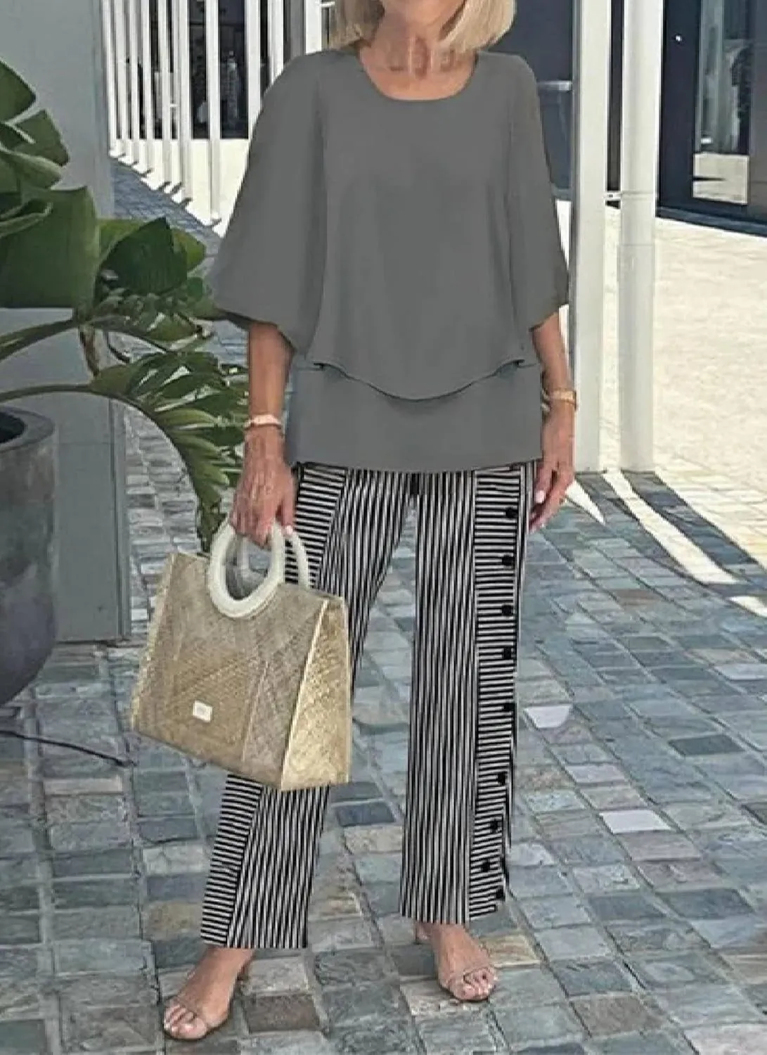 Women's Summer 2 Piece Sets 2025 Crew Neck 3/4 Sleeve Tops Wide Leg Pants Lounge Tracksuits Casual Matching Travel Outfits