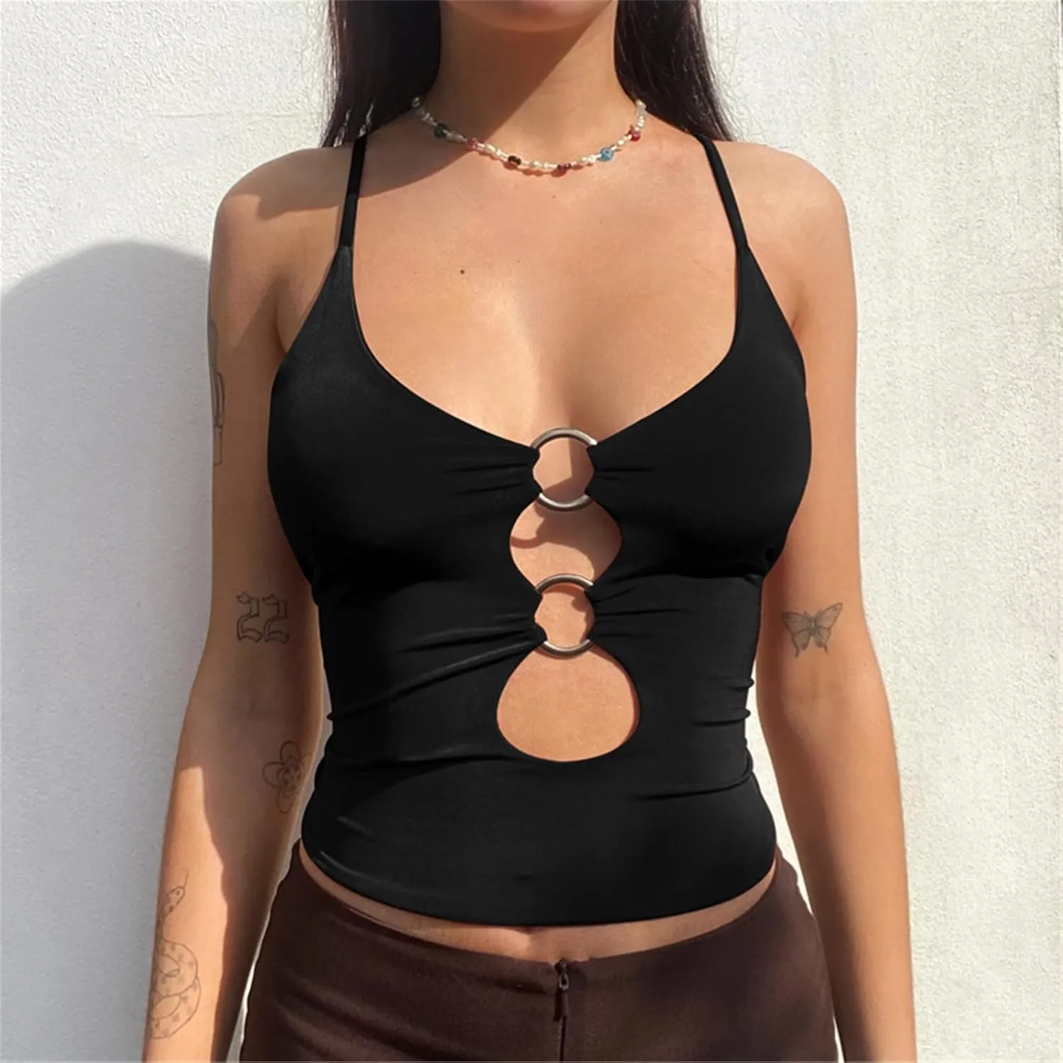 Womens Tank Tops Women's Camisole Spring Chest Cutout Navel Fit Sling Top Summer(Black,Small)