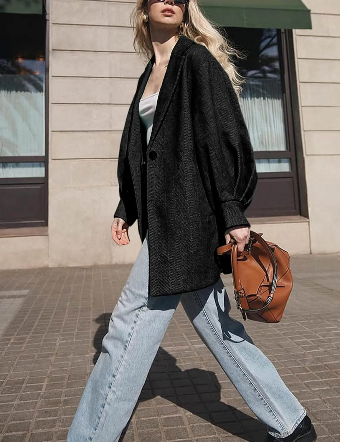 Womens Winter Coats Trendy Wool Blend Overcoat Oversized Balloon Sleeves Outerwear with Pockets
