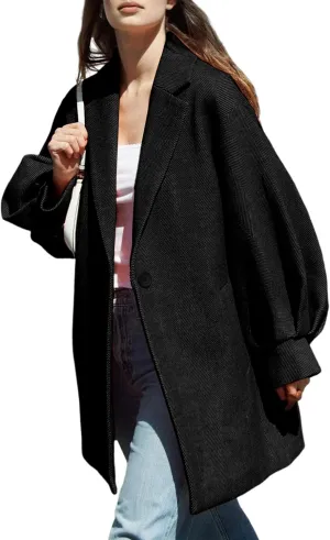 Womens Winter Coats Trendy Wool Blend Overcoat Oversized Balloon Sleeves Outerwear with Pockets