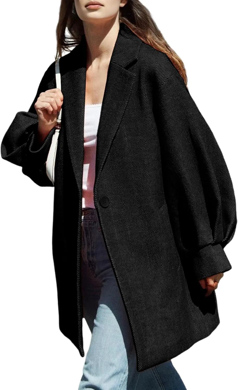 Womens Winter Coats Trendy Wool Blend Overcoat Oversized Balloon Sleeves Outerwear with Pockets