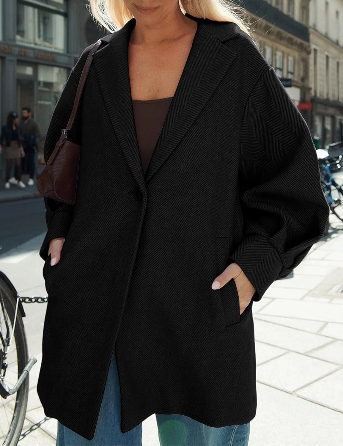 Womens Winter Coats Trendy Wool Blend Overcoat Oversized Balloon Sleeves Outerwear with Pockets