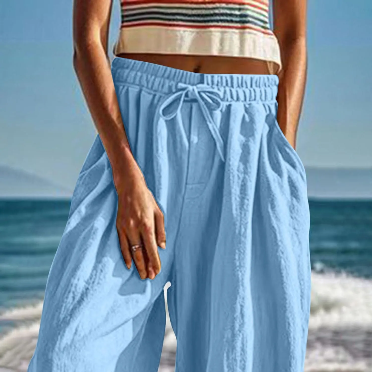 Xiaojmake Women Casual Beach Pants Summer Cinched Bottom Linen Capris Drawstring Elastic High Waist Cotton Cropped Trousers