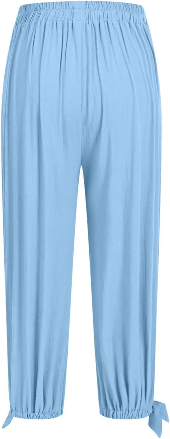 Xiaojmake Women Casual Beach Pants Summer Cinched Bottom Linen Capris Drawstring Elastic High Waist Cotton Cropped Trousers