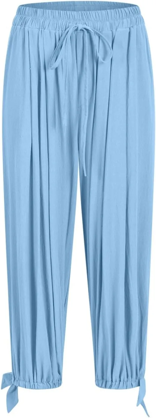 Xiaojmake Women Casual Beach Pants Summer Cinched Bottom Linen Capris Drawstring Elastic High Waist Cotton Cropped Trousers
