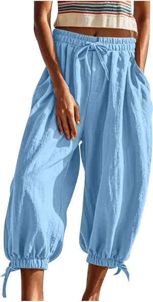 Xiaojmake Women Casual Beach Pants Summer Cinched Bottom Linen Capris Drawstring Elastic High Waist Cotton Cropped Trousers