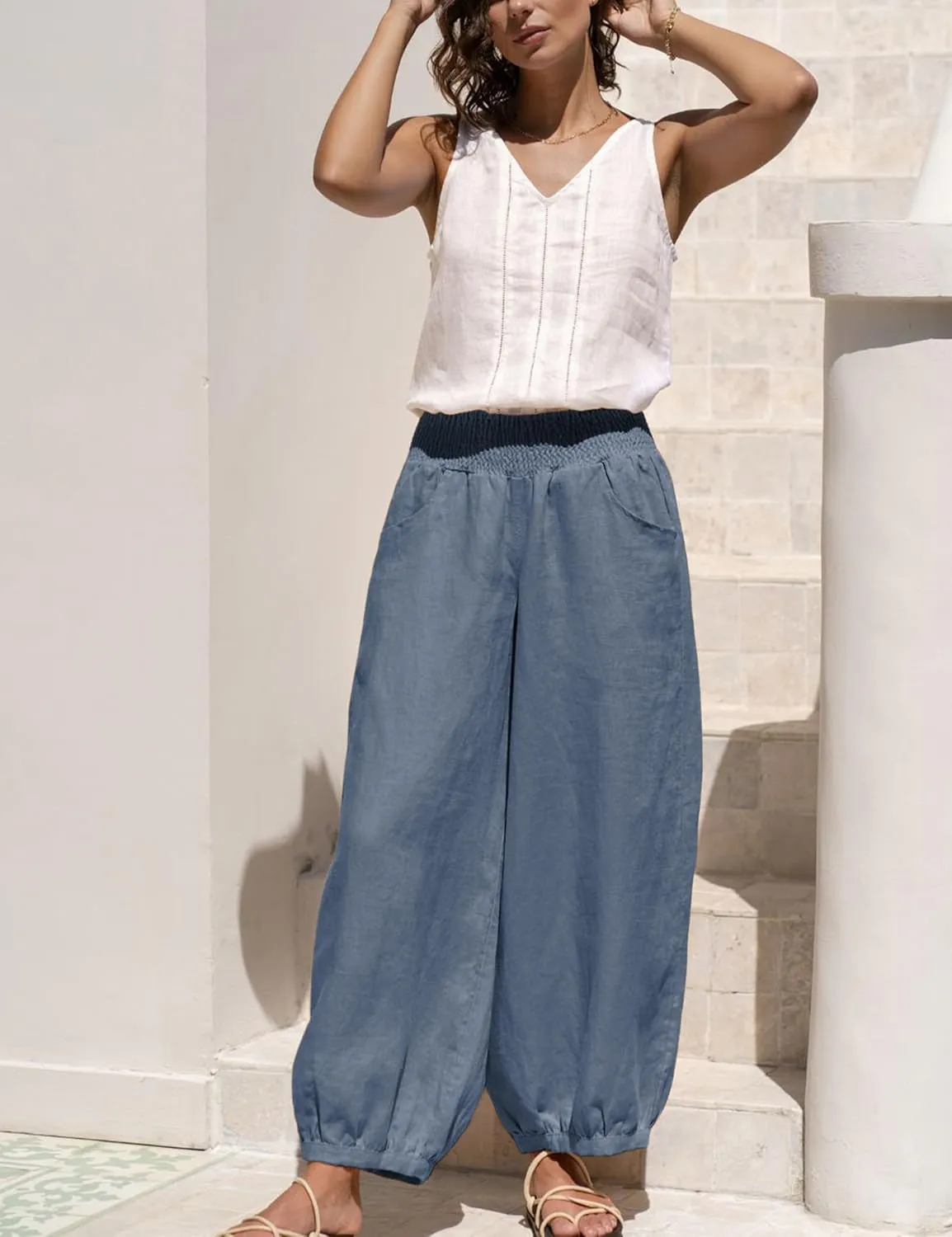 Xiaoxuemeng Womens Wide Leg Pants Cotton Linen Barrel Pants Elastic Waisted Lounge Trousers with Pockets