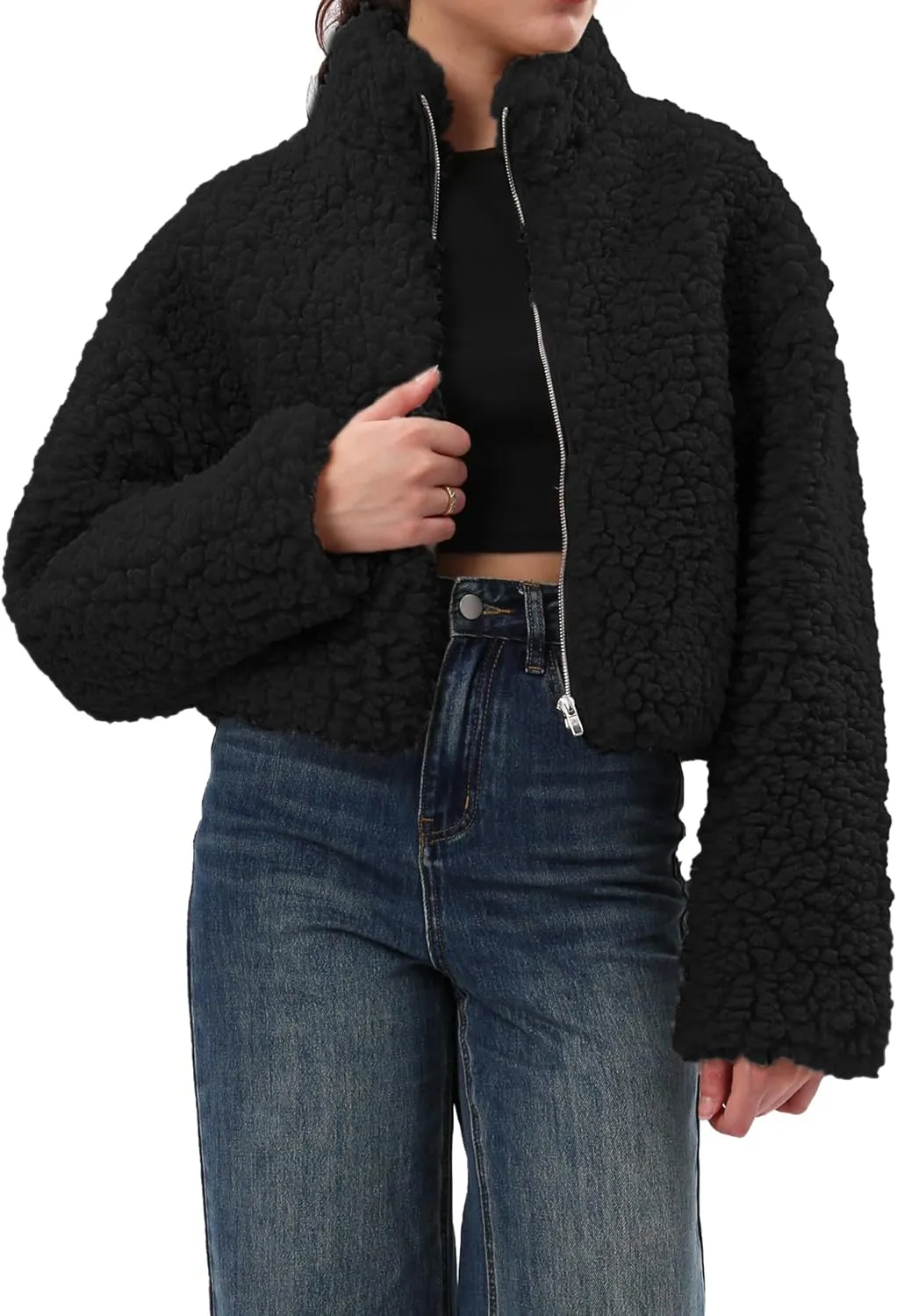 Xintianji Womens Fuzzy Fleece Zipper Cardigan Jackets- Long Sleeve Winter Outerwear Coats with Pockets