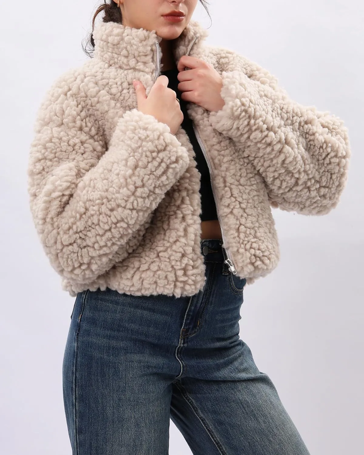 Xintianji Womens Fuzzy Fleece Zipper Cardigan Jackets- Long Sleeve Winter Outerwear Coats with Pockets