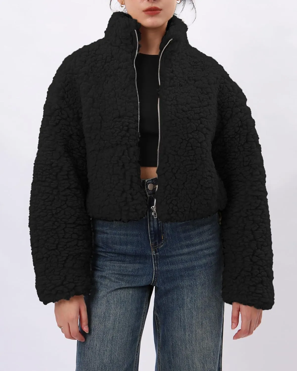 Xintianji Womens Fuzzy Fleece Zipper Cardigan Jackets- Long Sleeve Winter Outerwear Coats with Pockets