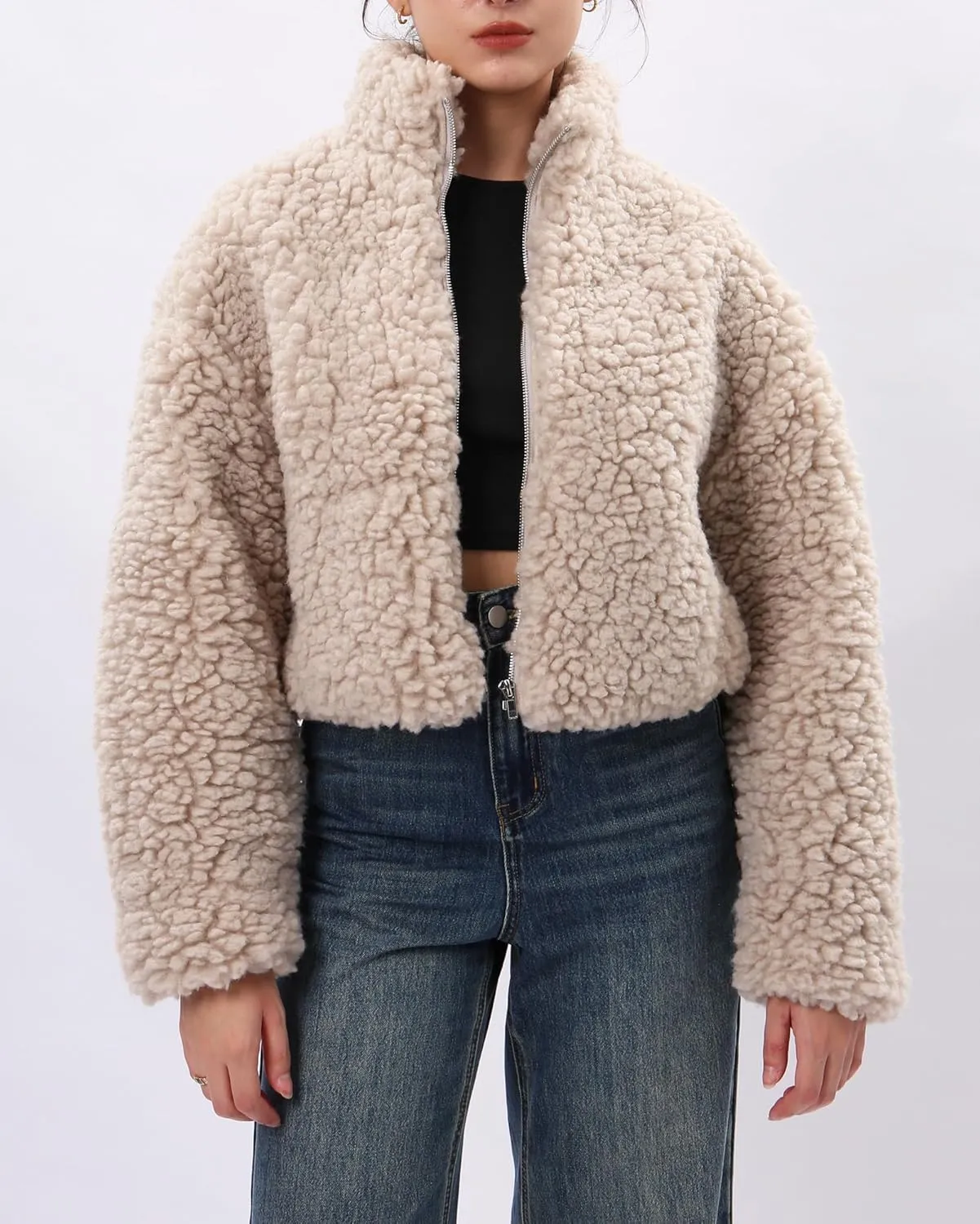 Xintianji Womens Fuzzy Fleece Zipper Cardigan Jackets- Long Sleeve Winter Outerwear Coats with Pockets
