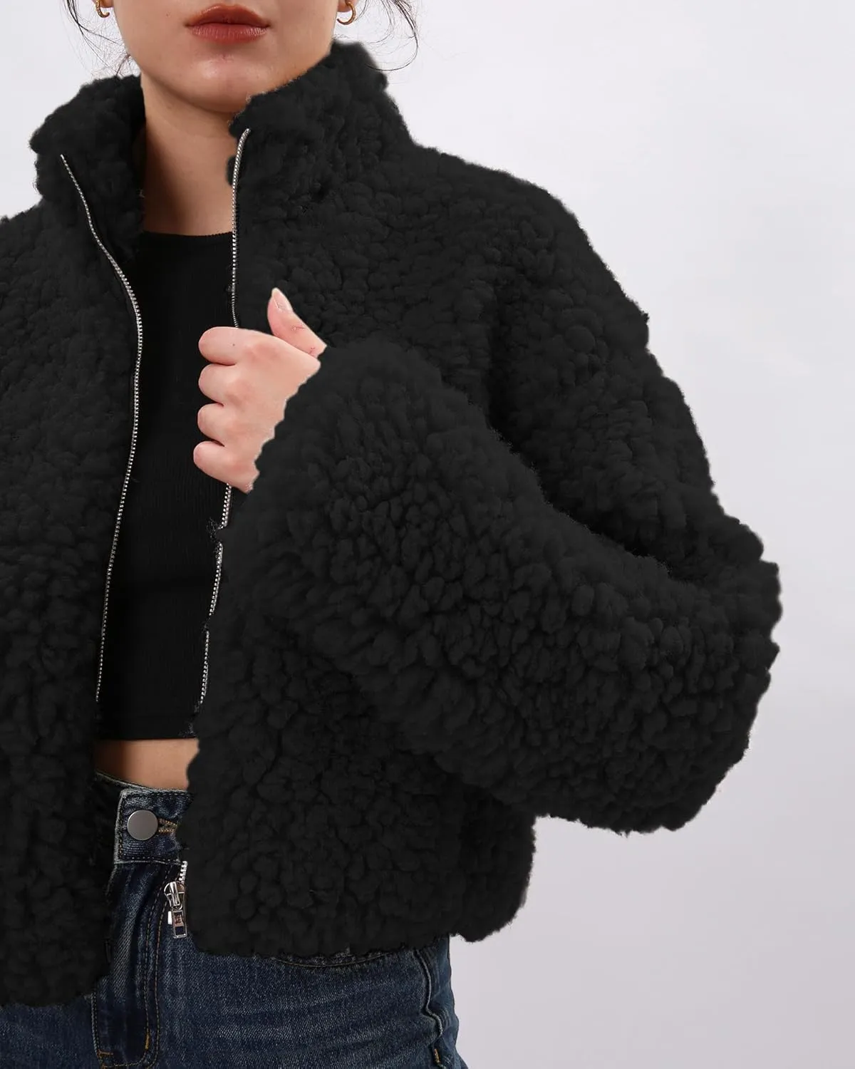 Xintianji Womens Fuzzy Fleece Zipper Cardigan Jackets- Long Sleeve Winter Outerwear Coats with Pockets