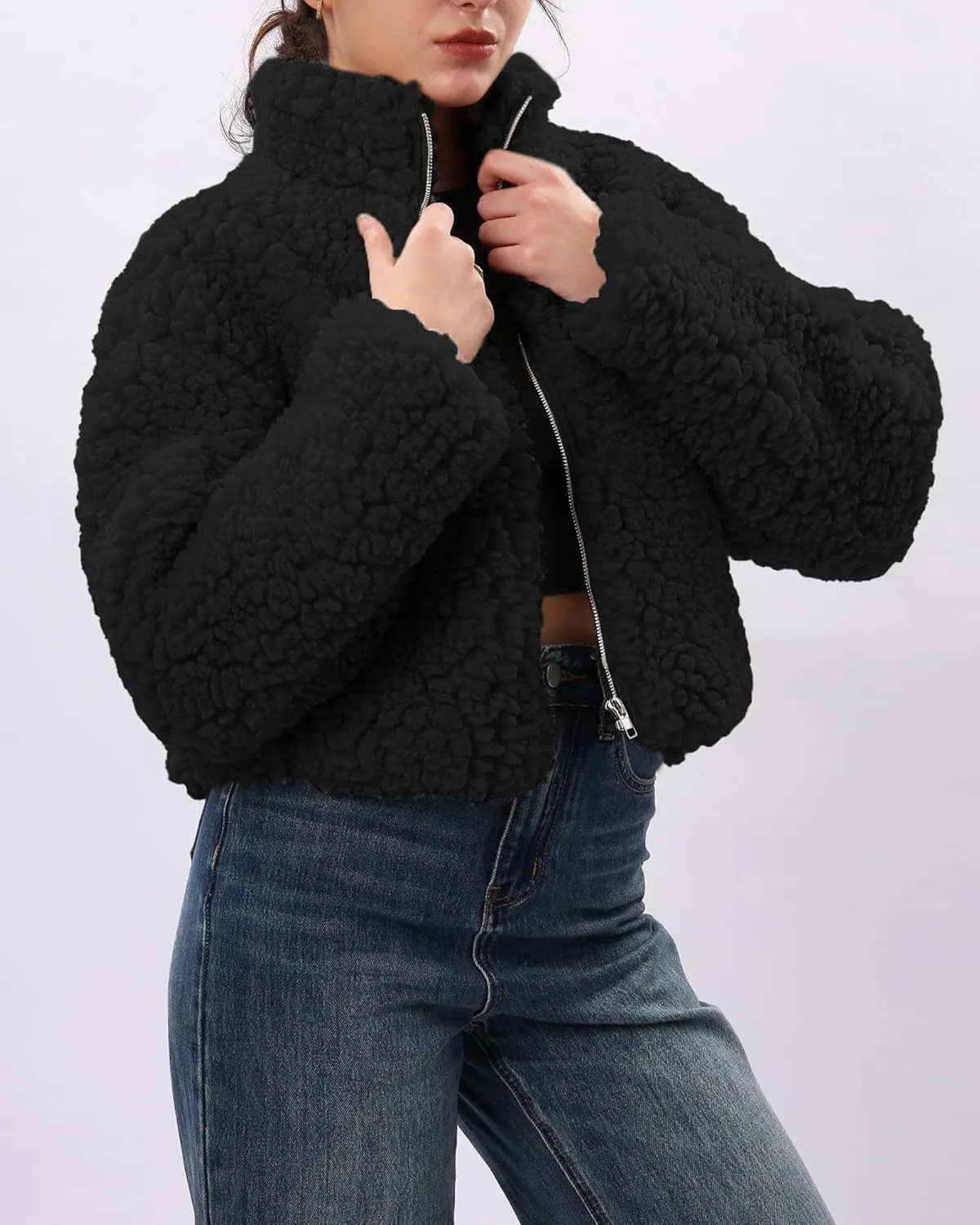 Xintianji Womens Fuzzy Fleece Zipper Cardigan Jackets- Long Sleeve Winter Outerwear Coats with Pockets