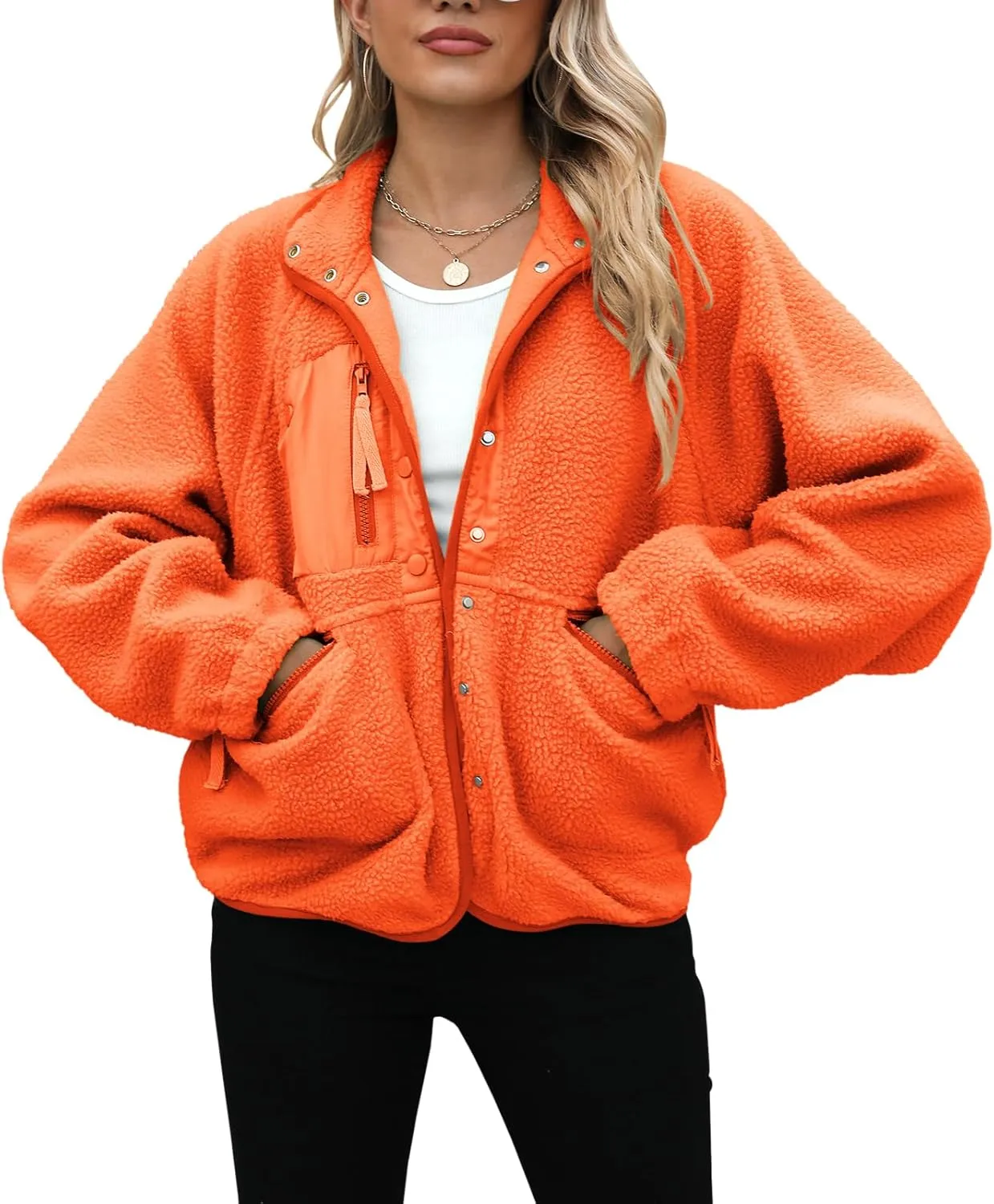 Yanekop Womens Fleece Jacket Fuzzy Long Sleeve Short Coats Button Down Sherpa Outerwear with Pockets