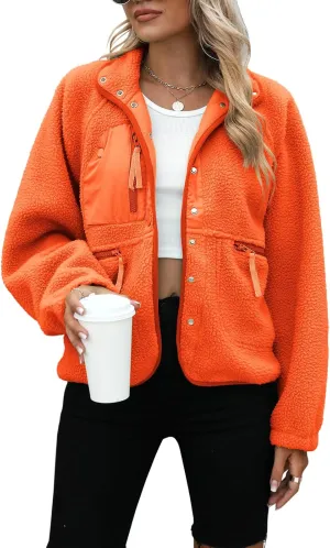 Yanekop Womens Fleece Jacket Fuzzy Long Sleeve Short Coats Button Down Sherpa Outerwear with Pockets