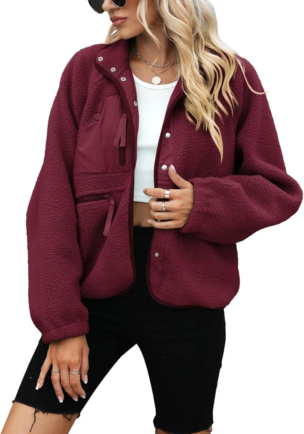Yanekop Womens Fleece Jacket Fuzzy Long Sleeve Short Coats Button Down Sherpa Outerwear with Pockets