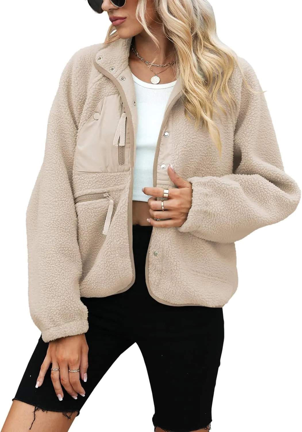 Yanekop Womens Fleece Jacket Fuzzy Long Sleeve Short Coats Button Down Sherpa Outerwear with Pockets