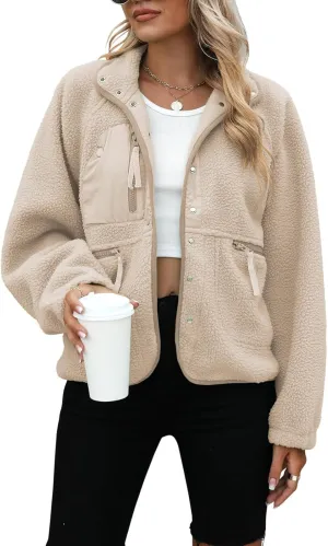 Yanekop Womens Fleece Jacket Fuzzy Long Sleeve Short Coats Button Down Sherpa Outerwear with Pockets