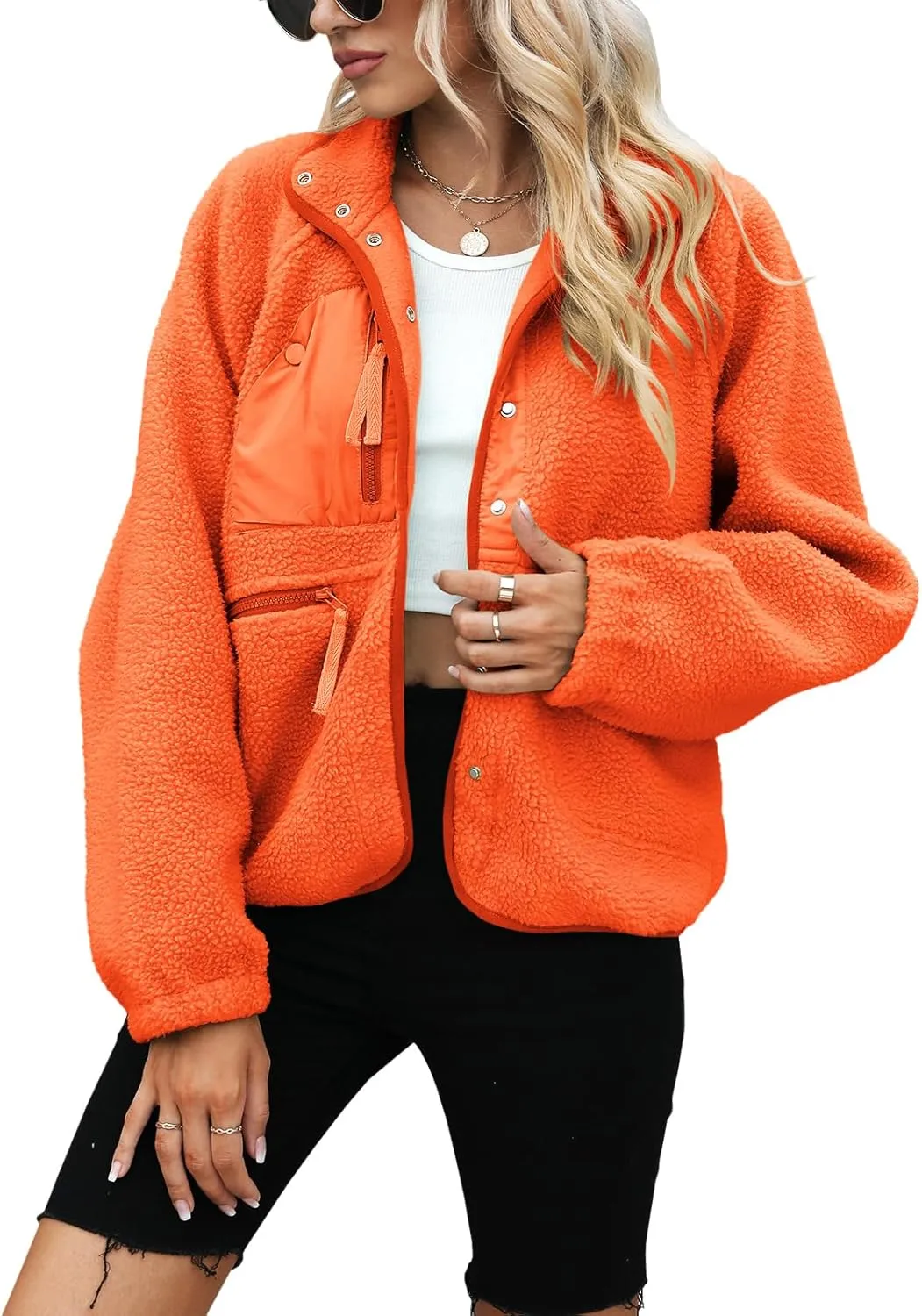 Yanekop Womens Fleece Jacket Fuzzy Long Sleeve Short Coats Button Down Sherpa Outerwear with Pockets