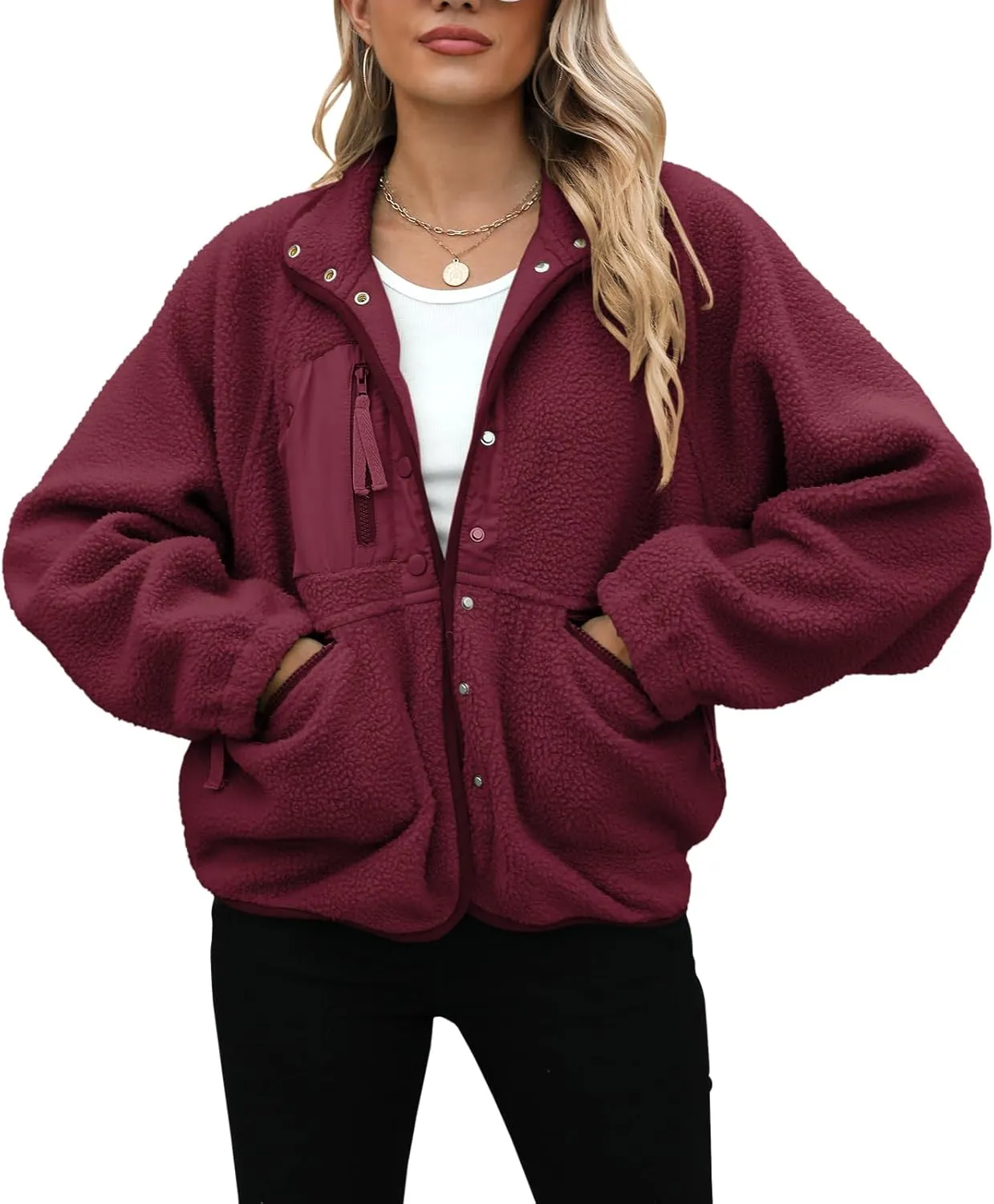 Yanekop Womens Fleece Jacket Fuzzy Long Sleeve Short Coats Button Down Sherpa Outerwear with Pockets